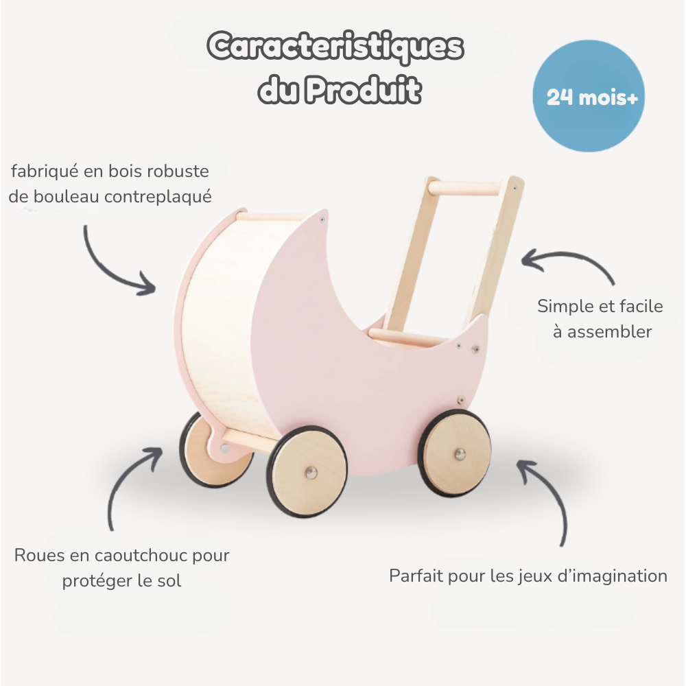 Poussette en Bois en Forme de Lune – Pour des Promenades Enchantées avec les Poupées